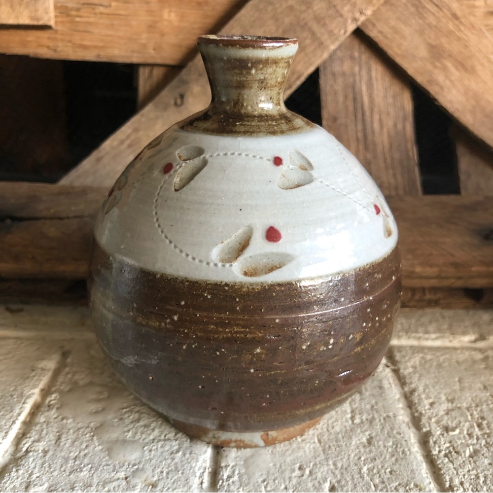 Vintage Gray and brown glazed small hand made art pottery vase jug (29)